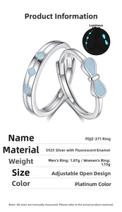 Detailed specs of S925 sterling silver luminous bow couple rings with adjustable band