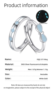 Detailed specs of S925 silver bow rings featuring luminous glow and adjustable sizes