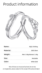 Macro detail of S925 sterling silver floral couple rings with weight and size specs