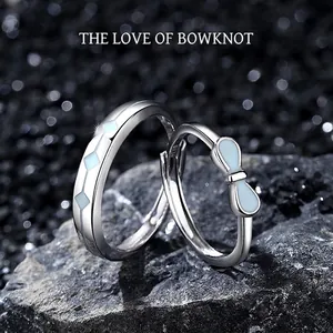 925 Sterling Silver Bowknot Couple Rings For Women Men Fashion Luminous Adjustable Open Rings Valentine's Day Jewelry Gift