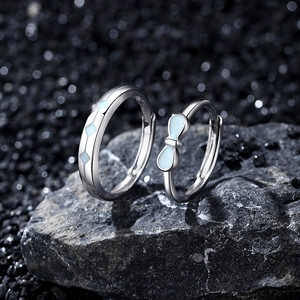Luminous S925 sterling silver bow knot couple rings with adjustable open band design
