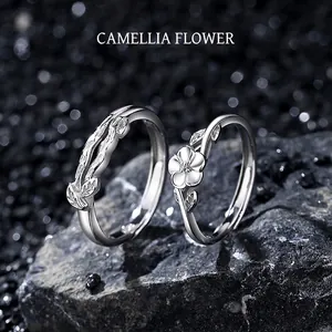 S925 Sterling Silver Camellia Couple Rings Adjustable Open Branch Leaf Rings For Men And Women Fashion Jewelry Finger Rings