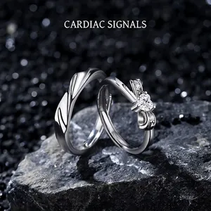 925 Sterlingsilber Zirkonia Paar-Ringe Set Herz Schleife Verstellbar Offen Fingerring Mode Minimalistisch Schmuck Für Liebhaber