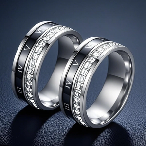Vintage Roman Numeral Spinner Ring For Men Women Stainless Steel Rhinestone Inlaid Stardust Band Ring Tarnish Free Jewelry