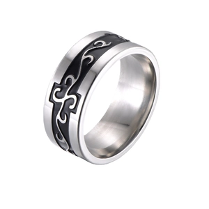 Vintage tribal pattern stainless steel ring for men, 8mm wide hip hop band jewelry