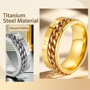 Nahaufnahme von goldenen und silbernen Titanstahl-Fidget-Ringen mit rotierendem Kettendesign
