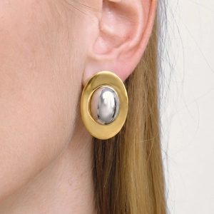 Oval Stud Earrings Geometric Two Tone Gold Silver Stainless Steel Waterproof Hypoallergenic Minimalist Jewelry For Women