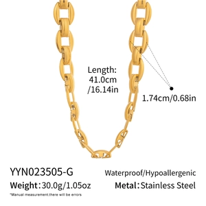 Detail view of chunky gold chain necklace specs including dimensions and material details