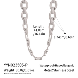Detail view of silver stainless steel coffee bean link necklace with specific dimensions