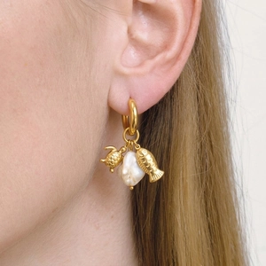 Ocean Theme Asymmetric Hoop Earrings 18K Gold Plated Stainless Steel Artificial Baroque Pearl Sea Turtle Shell Fish Waterproof