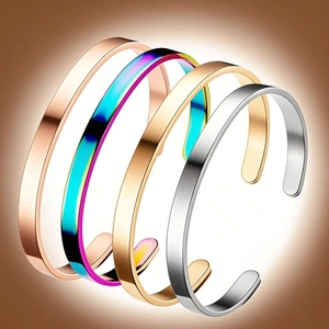 Stainless Steel C-Shaped Open Bangle Bracelet For Women Adjustable Rhinestone Inlaid Minimalist Cuff Fashion Jewelry
