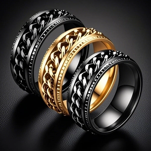 Stainless Steel Spinner Ring for Men Women Anxiety Stress Relief Band Viking Rune Roman Numeral Chain Inlay Industrial Jewelry