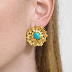 Sunburst Turquoise Flower Earrings Stainless Steel Rhinestone Vintage Bohemian Studs For Women Waterproof Hypoallergenic