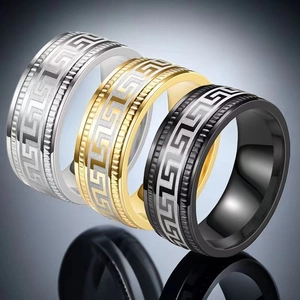 Detailed view of stainless steel rings with Greek key pattern in three colors