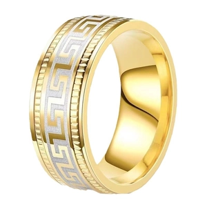 Elegant two-tone titanium steel ring featuring a classic Greek key Greca pattern design