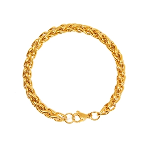 Classic gold stainless steel wheat chain bracelet with lobster clasp on white background