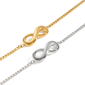 Polished stainless steel infinity symbol bracelets in gold and silver finishes