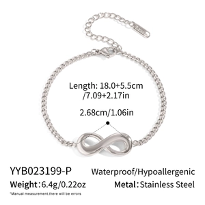Minimalist stainless steel infinity bracelet with Cuban chain and sizing specifications