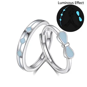 Luminous S925 sterling silver bow knot couple rings set with adjustable open design