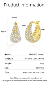 Detailed size specifications of S925 silver pave earrings with gold plating and dimensions
