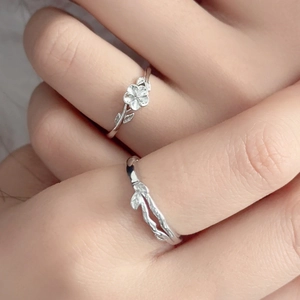 925 sterling silver camellia flower open rings for couples with a vintage floral design