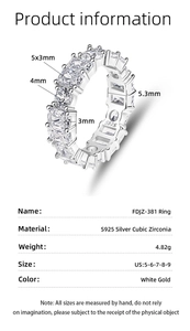 Detail view of S925 sterling silver ring with cubic zirconia rectangular and round stones