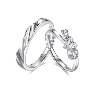 S925 Sterling Silber Partnerringe Set mit Herzschleife und verstellbarem offenem Design