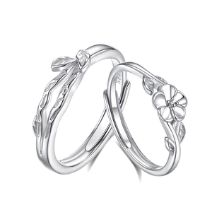 S925 sterling silver couple rings with camellia flower and branch texture design