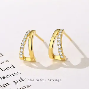 925 Sterling Silver Double Arc Zirconia Stud Earrings For Women Geometric C-Shaped Gold Silver Plated Elegant Fashion Jewelry Gift