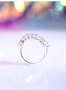 Macro shot of S925 silver ring featuring seven sparkling zircon stones in a prong setting