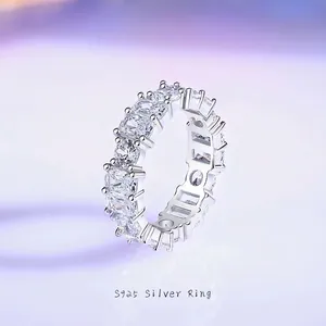 925 Sterling Silver Eternity Ring For Women Sweet Square Round Zirconia Pave Band Ring Luxury Geometric Finger Ring Jewelry Gift
