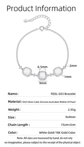 Detail of S925 silver bracelet featuring square white shell charms and zircon accents