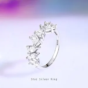 S925 Sterling Silver Irregular Geometric Row Ring For Women Minimalist Heart Water Drop Rhinestone Inlaid Fashion Ring Jewelry