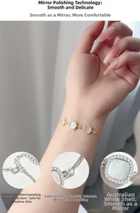 Detail view of S925 silver bracelet featuring white shell squares and cubic zirconia