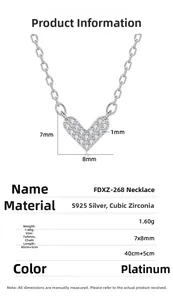 Detail view of S925 sterling silver V-shaped heart pendant with cubic zirconia inlay size info
