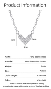 Detailed spec sheet showing S925 silver V-shaped heart necklace dimensions and features