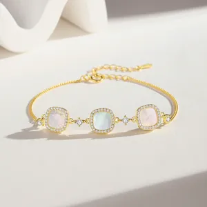 925 Sterling Silver Bracelet With Square White Mother Of Artificial Pearl And Cubic Zirconia Elegant Minimalist Jewelry For Women