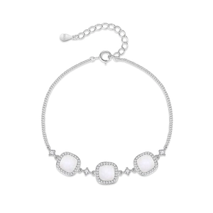 Elegant S925 sterling silver bracelet featuring three square white shell pendants