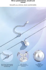 Detailed view of S925 silver necklace with freshwater pearl and cubic zirconia stones
