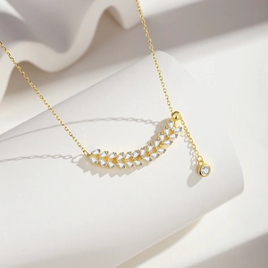 Elegant S925 silver wheat ear zircon necklace in gold finish with adjustable tassel design