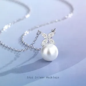 925 Sterling Silver Natural Freshwater Pearl Necklace For Women Dainty Floral Zirconia Inlaid Pendant Platinum Plated Chain Jewelry