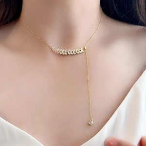 Elegant S925 silver wheat zircon necklace with gold tassel and sparkling stones