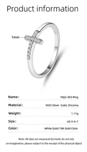 Makro-Detail des S925 Sterlingsilber Kreuzrings mit Zirkonia und Größenangaben im Detail
