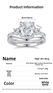 Macro detail of S925 sterling silver bridal ring set featuring 8mm ice-cut carbon diamonds