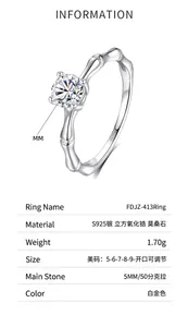 Detailed size chart for S925 silver bamboo ring with a 0.5ct moissanite stone