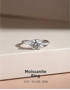 Macro shot of S925 silver ring featuring a one carat moissanite with four-prong setting