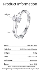 Detailed size chart for S925 sterling silver leaf ring with 4x6mm oval zirconia