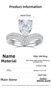Detailed view of S925 silver bridal ring set with pear-cut high carbon diamond stones