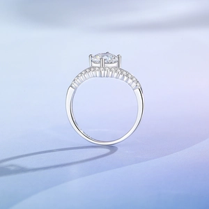 925 Sterling Silver Moissanite Princess Crown Ring with Round Main Stone and Pavé Accents