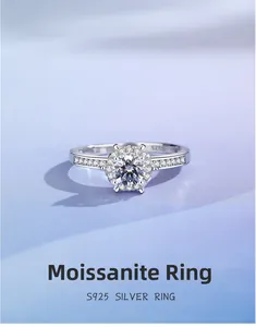 Macro detail of S925 silver moissanite ring with halo setting and crown design
